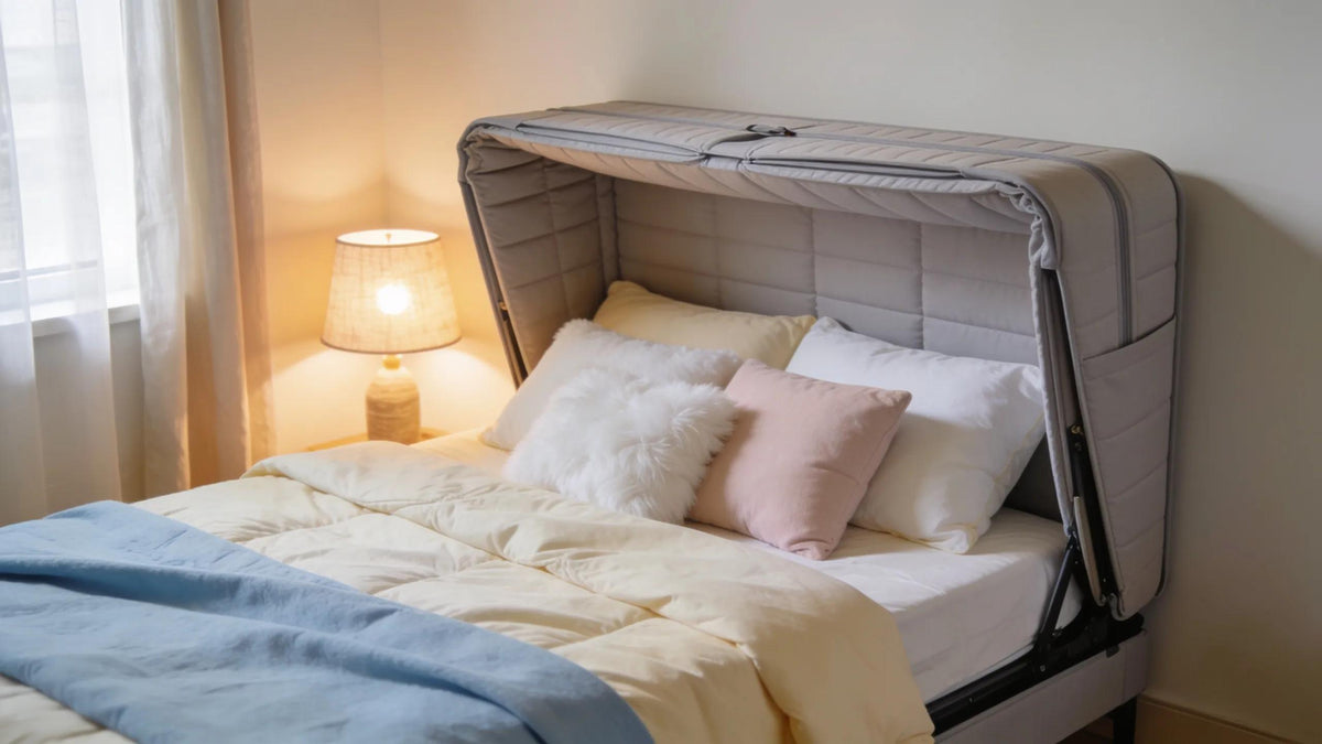 Comfortable foldable mattress set up in a cozy guest bedroom showcasing space-saving design and inviting ambiance