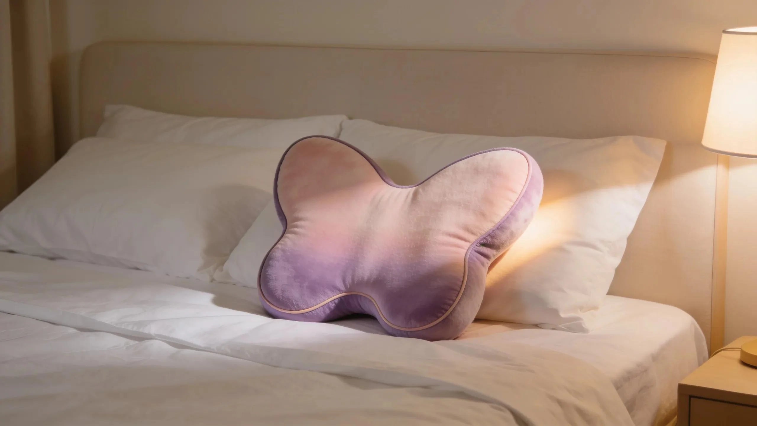 Butterfly pillow on a cozy bed, showcasing benefits for sleep comfort and posture improvement