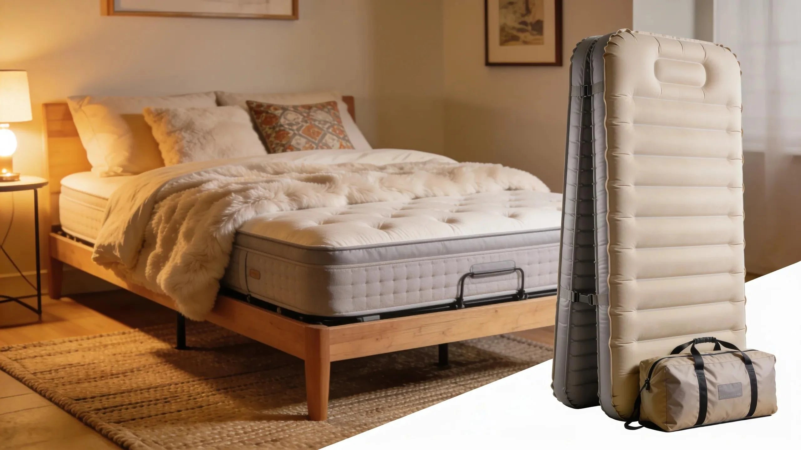 Foldable mattress and air mattress in a cozy bedroom, showcasing comfort and portability options for guest accommodations.