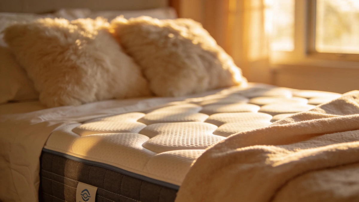 Cooling mattress topper on a bed in a cozy bedroom setting with sunlight filtering through the window