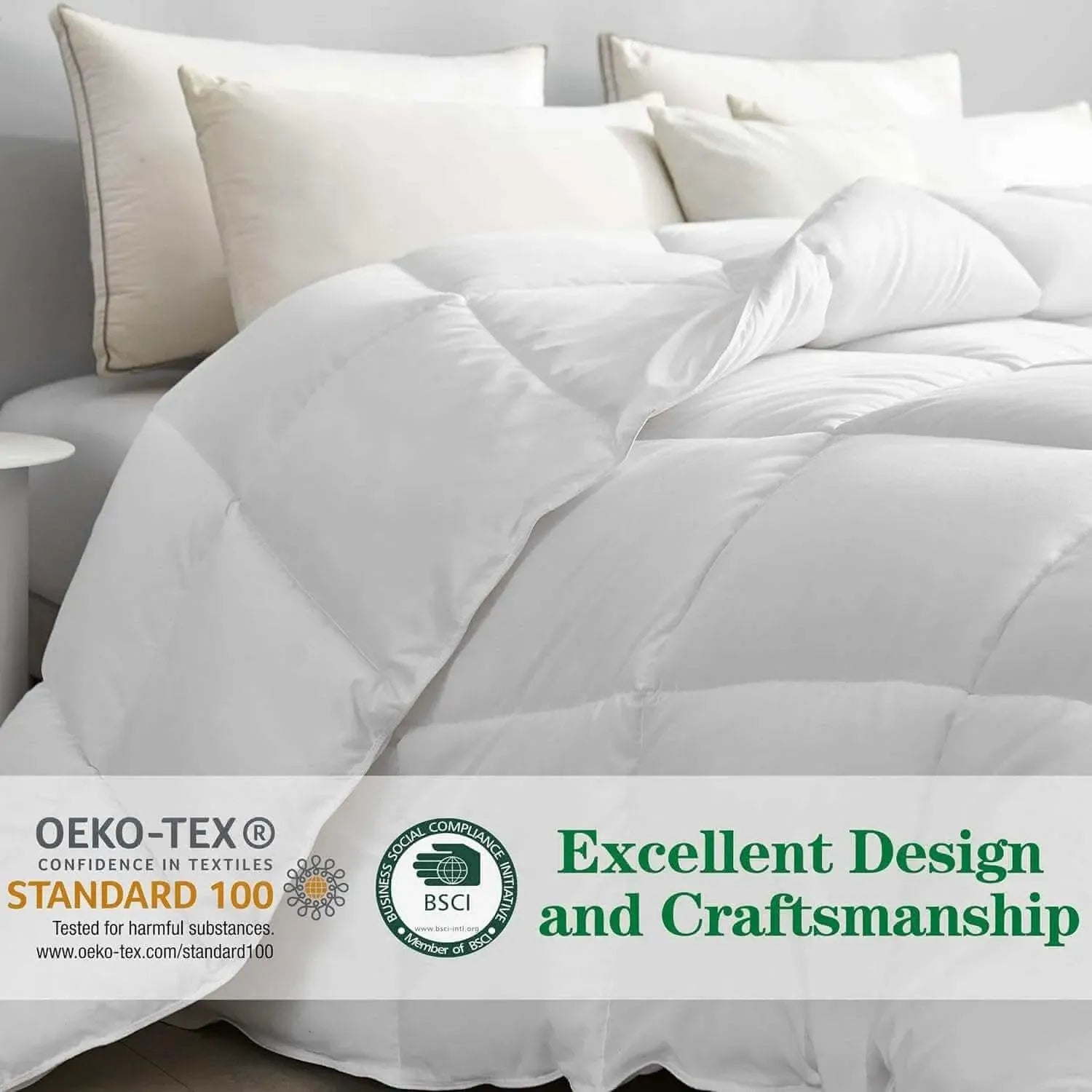 White bedding with a quilt and decorative pillows on a bed.