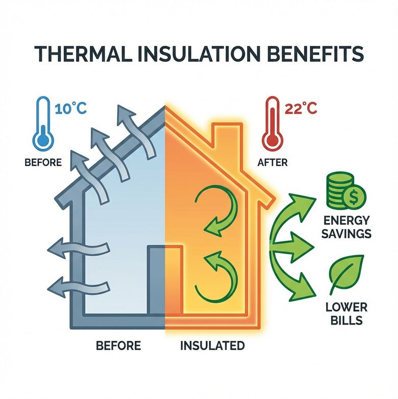 Thermal blockout curtain energy-saving infographic for home cooling and heating
