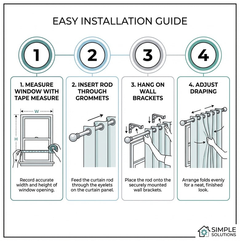 Blockout curtain features infographic showing UV protection and noise reduction