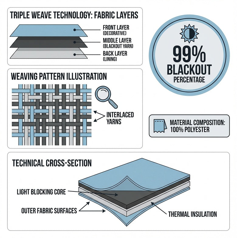 Thermal insulated blockout curtain layer diagram showing heat and light blocking