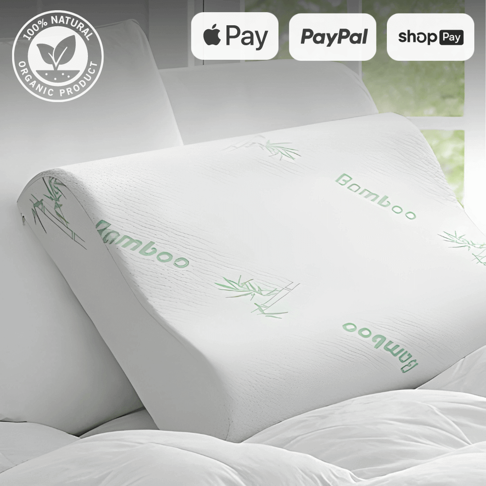 Organic bamboo pillow on a bed with payment options like Apple Pay, PayPal, and Shop Pay logos displayed