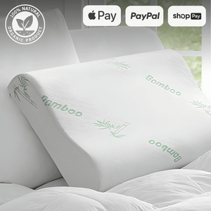 Organic bamboo pillow on a bed with payment options like Apple Pay, PayPal, and Shop Pay logos displayed