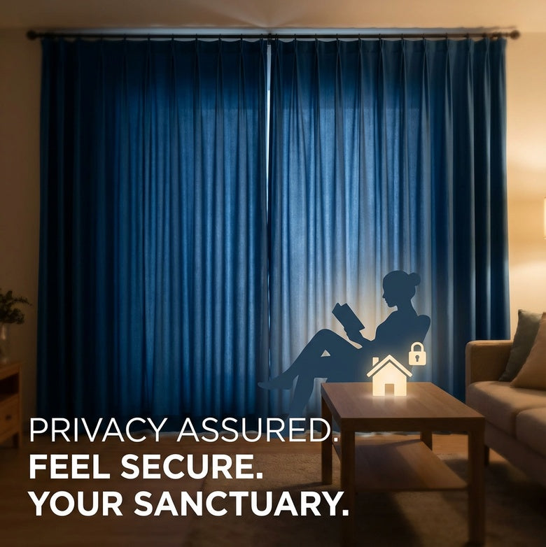 Blue blockout curtains in a bedroom creating full light control and privacy