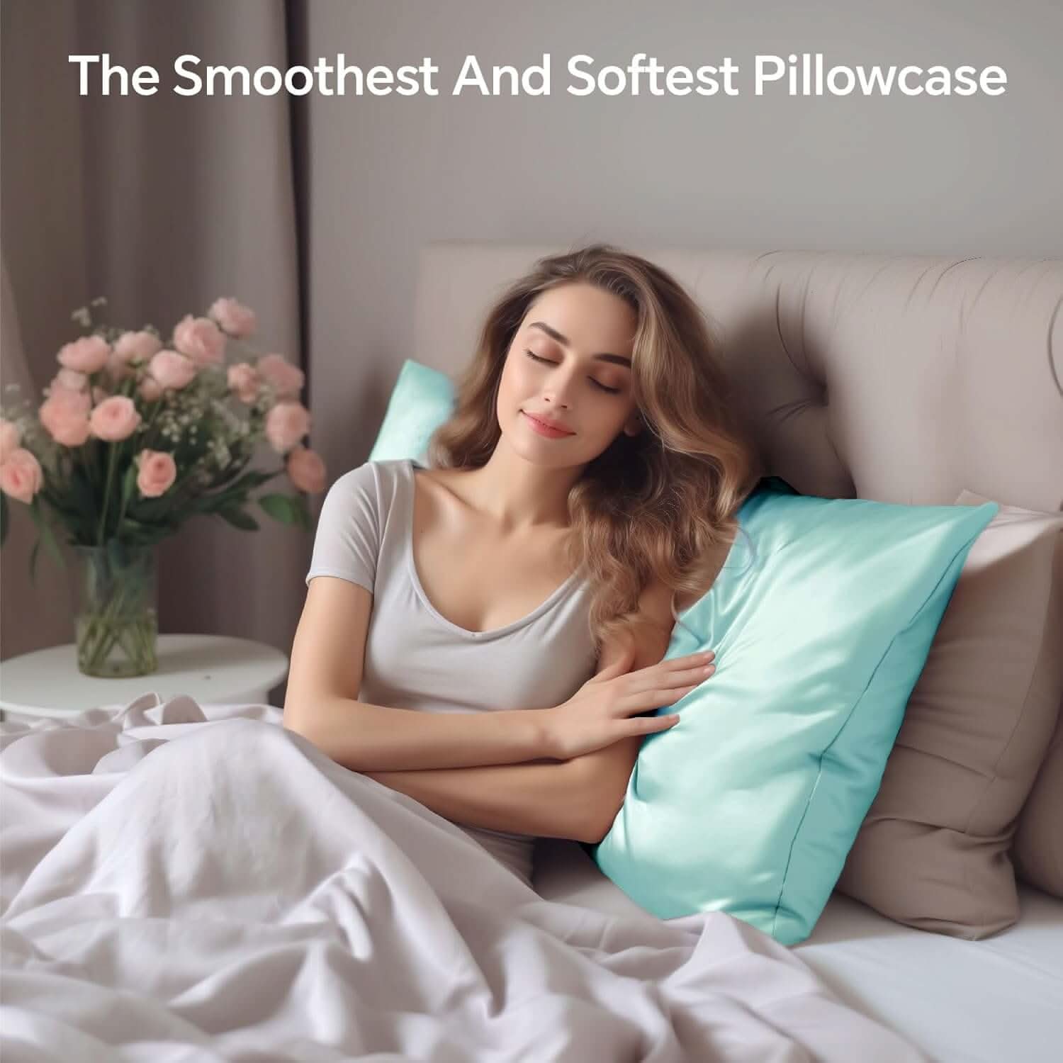 Woman relaxing in bed with a light blue silk pillowcase, showcasing its smooth and luxurious texture. The text overlay reads 'The Ultra-Sleek and Softest Pillowcase