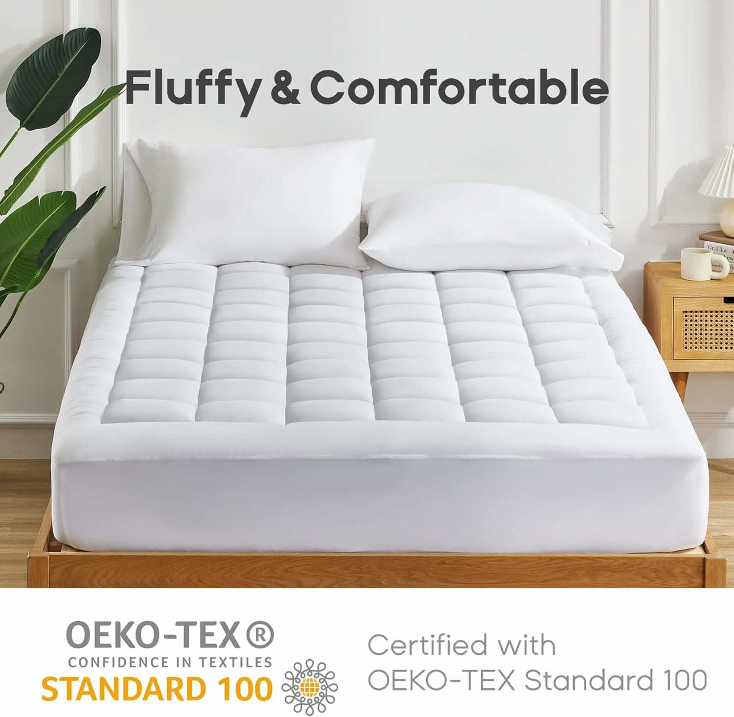 Plush and comfortable quilted mattress topper on a neatly made bed, enhancing softness and support for a restful sleep.