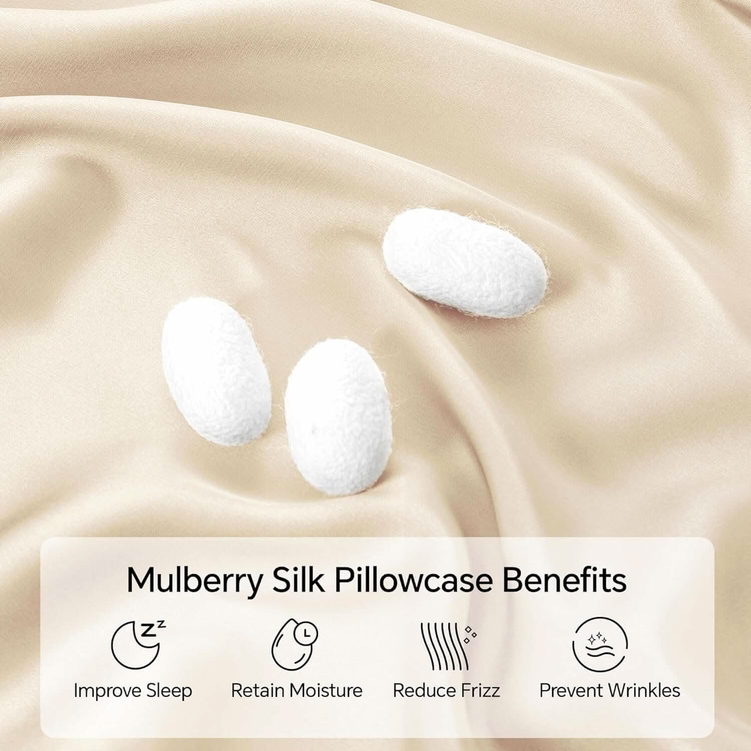 Close-up of a luxurious champagne-colored silk pillowcase with smooth, flowing fabric and silk cocoons, highlighting its natural and premium quality. The text showcases its benefits, including softness, breathability, and skin-friendly properties
