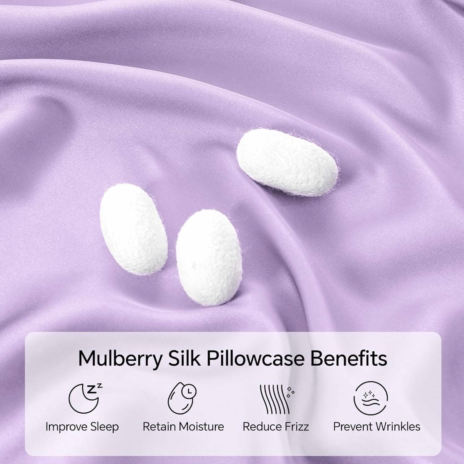Close-up of a luxurious lavender silk pillowcase with smooth, flowing fabric and silk cocoons, highlighting its natural and premium quality. The text showcases its benefits, including softness, breathability, and skin-friendly properties.
