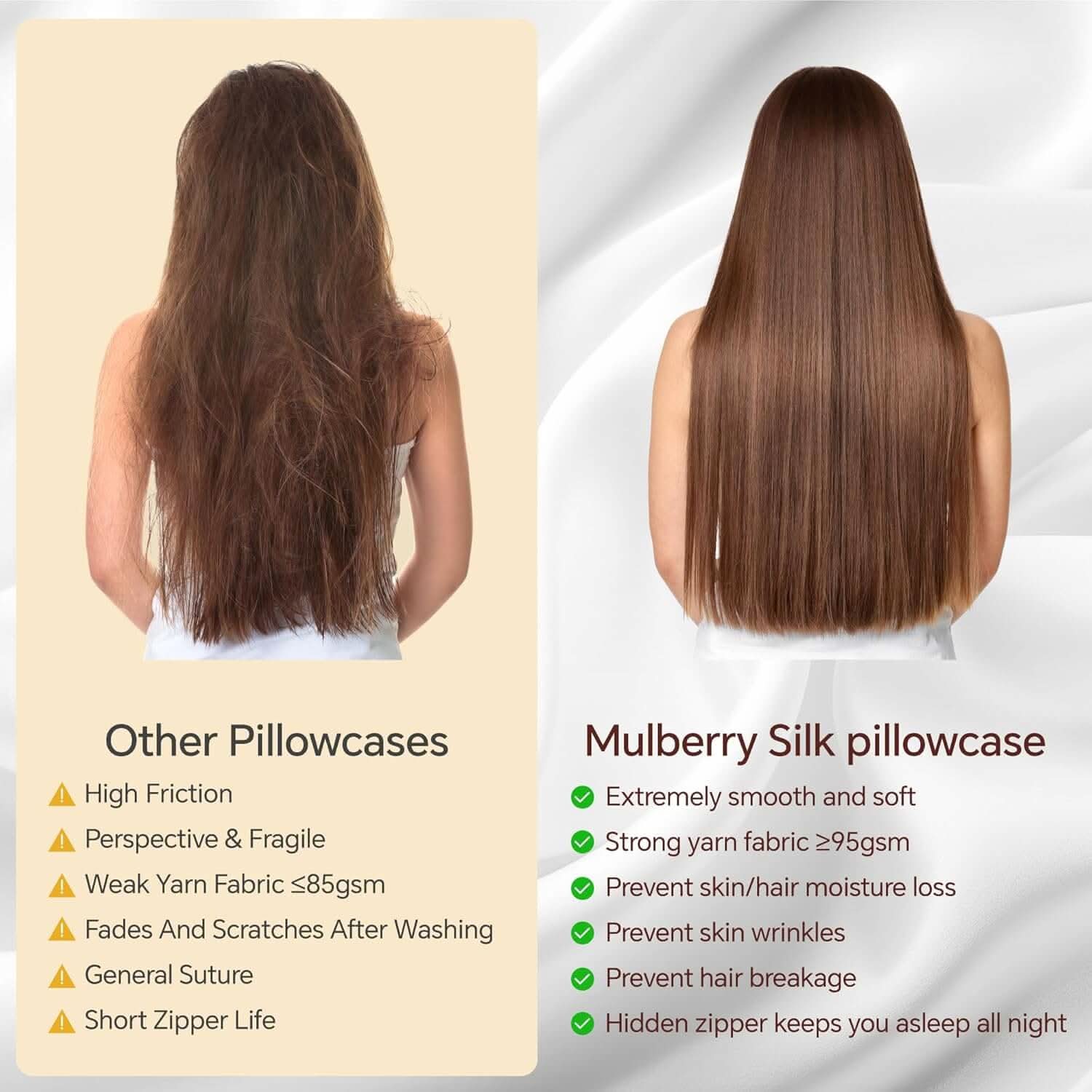 Comparison of hair before and after using a silk pillowcase, highlighting benefits such as reduced frizz, fewer tangles, and improved hair smoothness.