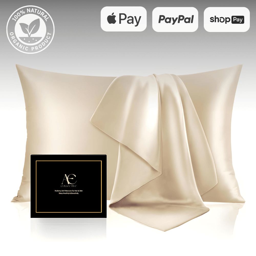 Elegant champagne-colored silk pillowcase set with a matching silk cloth, accompanied by a black gift box, highlighting its luxurious and smooth texture