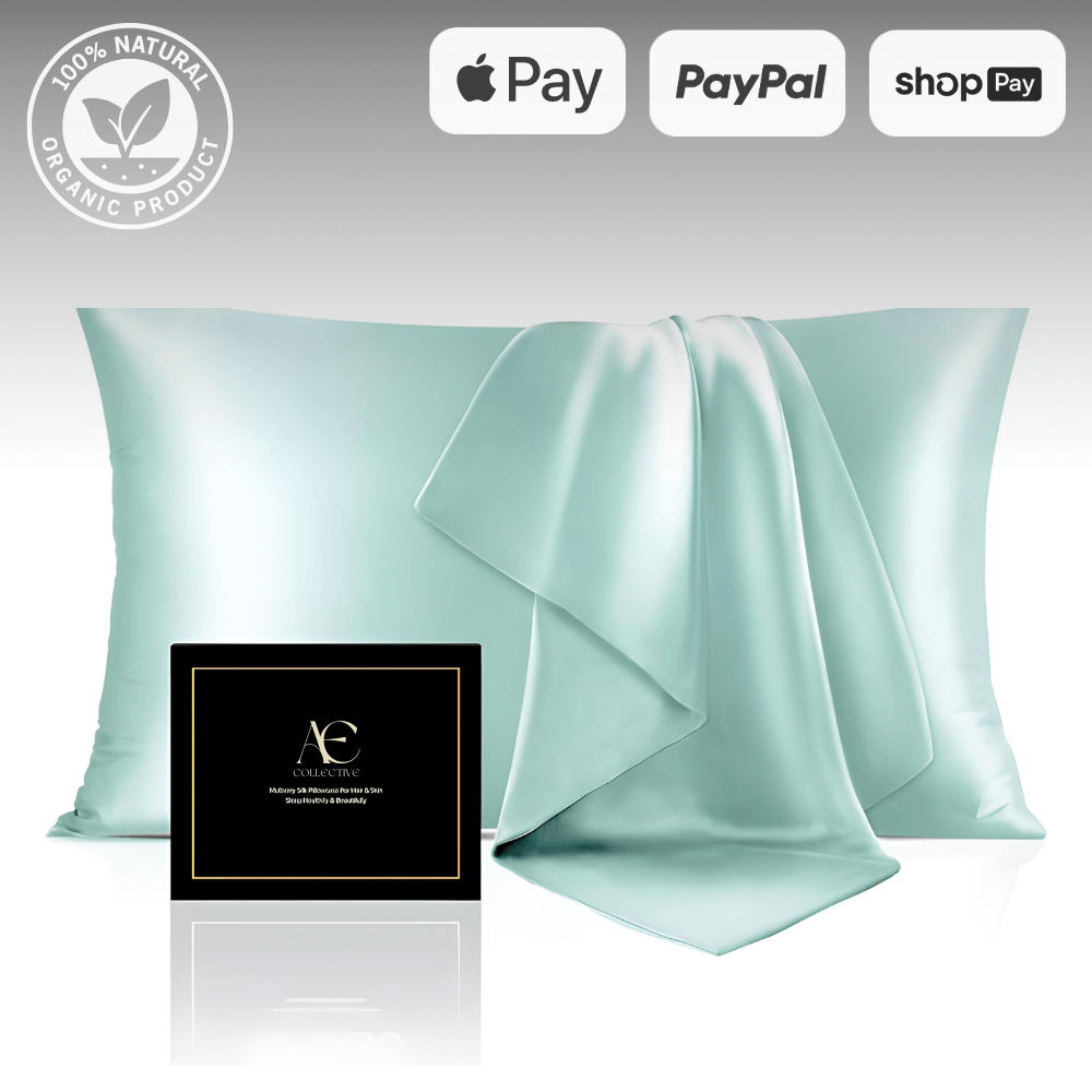 Luxury light green silk pillowcases displayed with a matching silk bedding set, emphasizing their smooth texture, elegance, and skin-friendly benefits.
