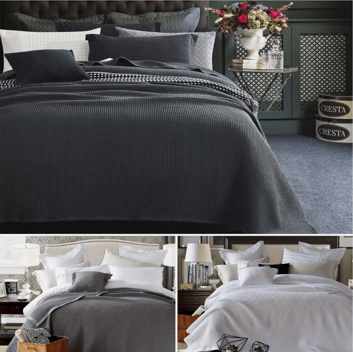Collage of gray and white luxurious bed linens and bedding sets in an elegantly decorated bedroom setting for cozy home decor.