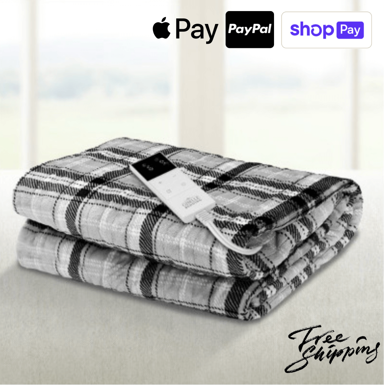 Electric heated blanket with remote control on a bed, featuring logos for Apple Pay, PayPal, and Shop Pay, with free shipping text.
