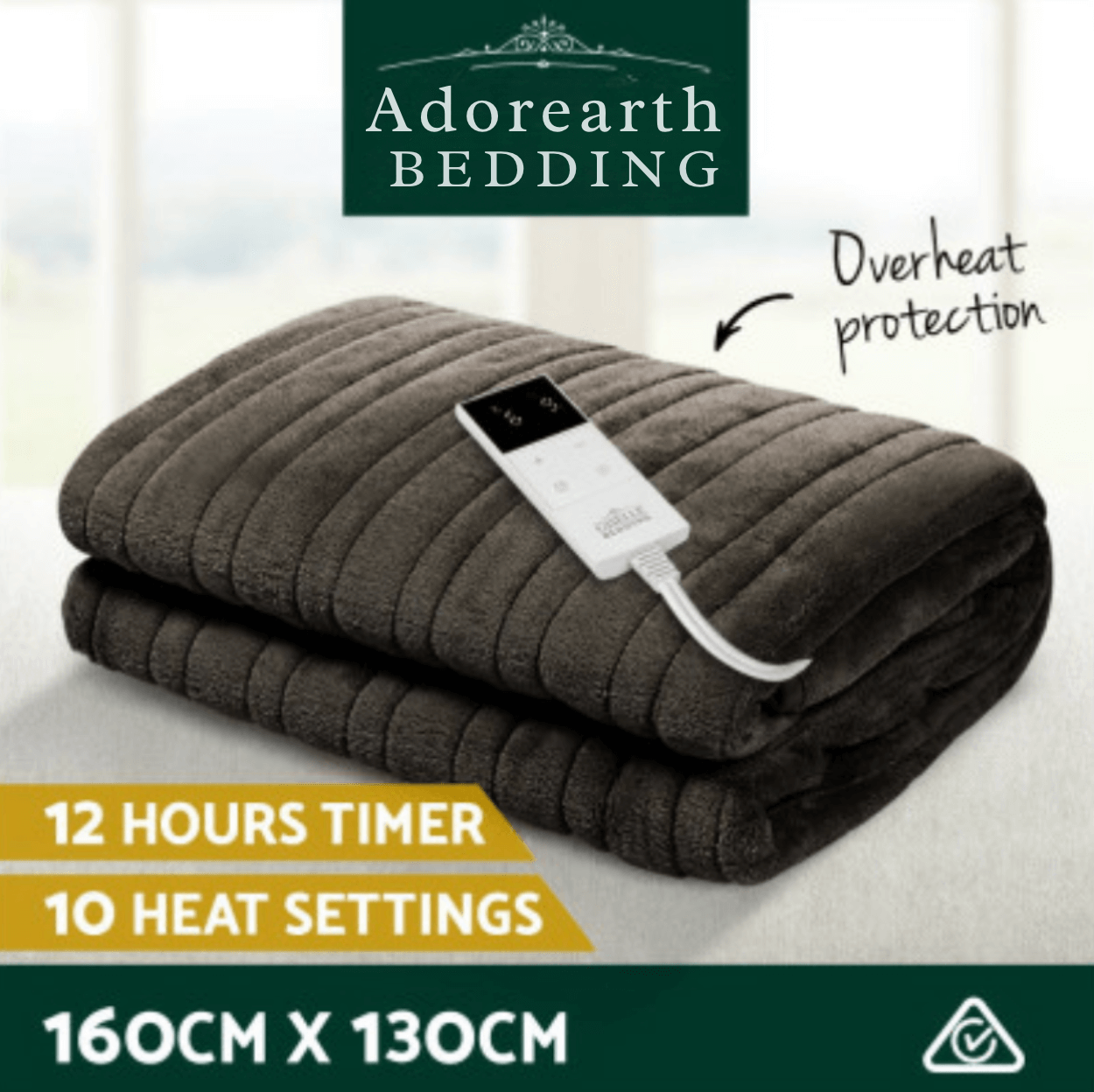 Adorearth Bedding electric blanket with overheat protection, 12-hour timer, 10 heat settings, measuring 160CM x 130CM