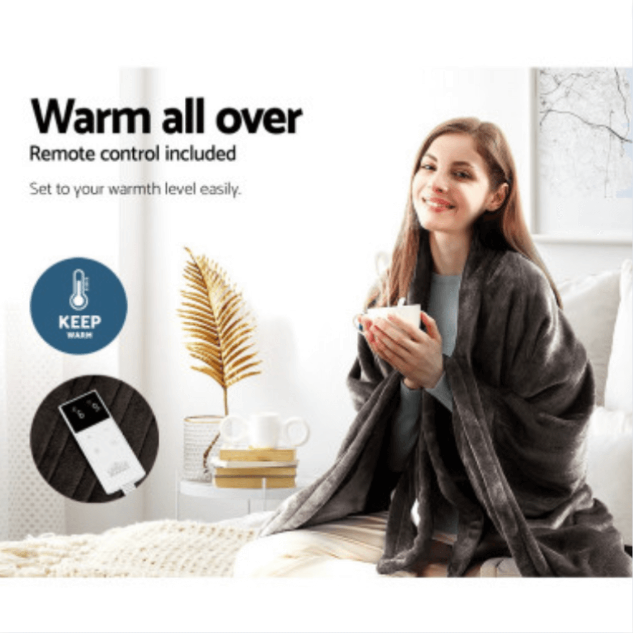 Woman covered in heated blanket with remote control, enjoying a warm cup of tea on a cozy couch.
