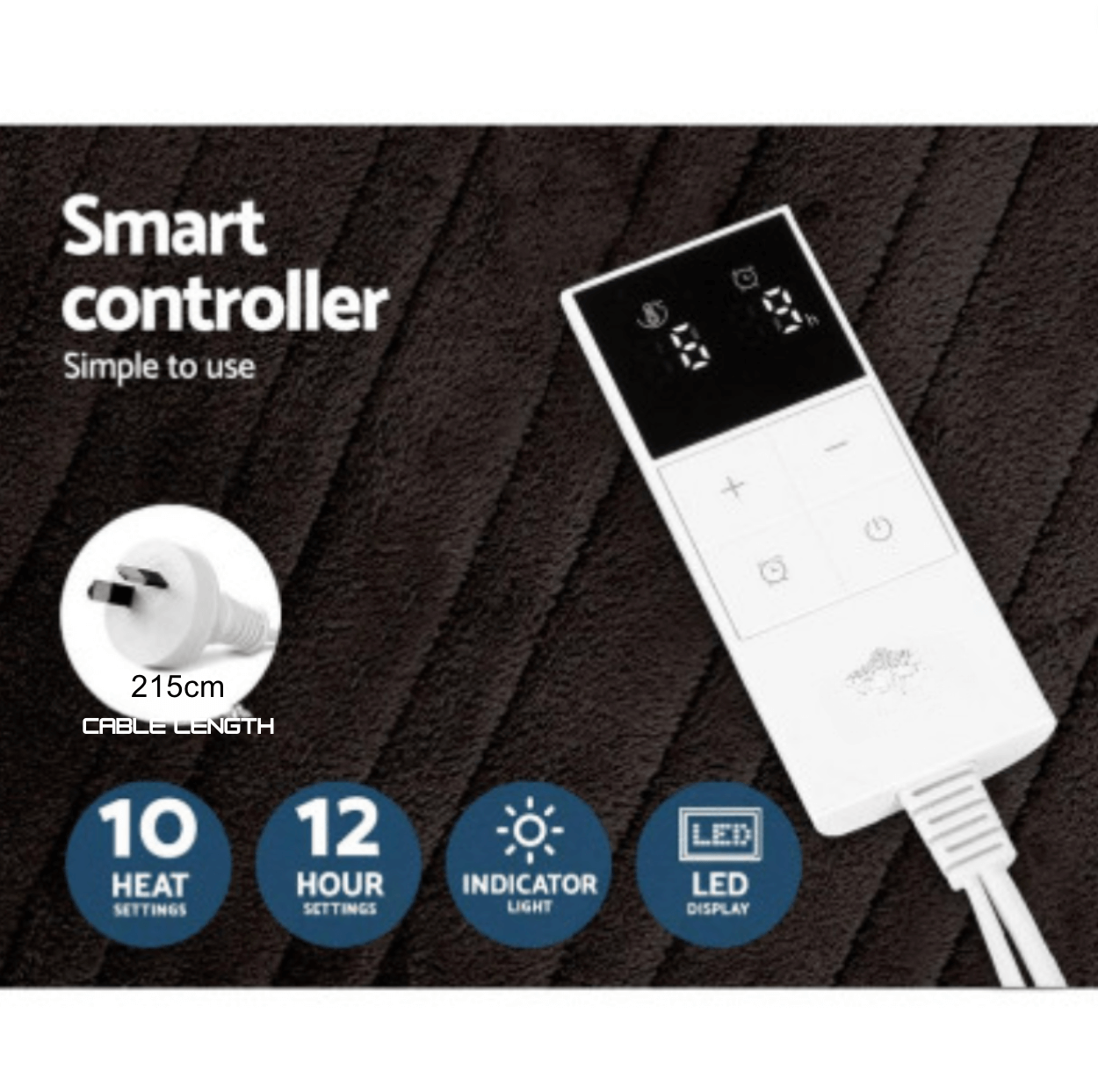 Smart controller with display on brown surface, features 10 heat settings, 12-hour settings, indicator light, and LED display, 215 cm cable length.