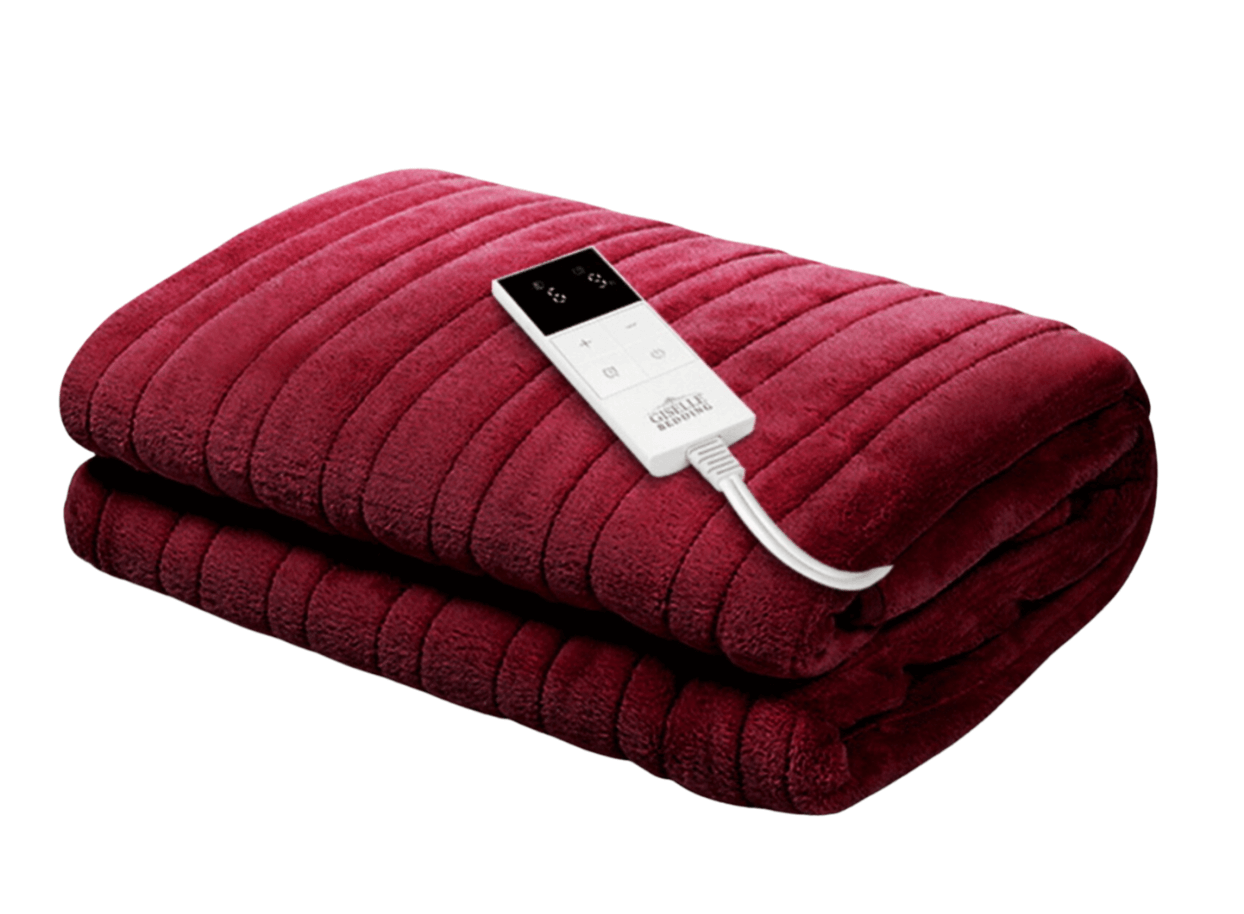 Maroon electric blanket with digital remote control folded neatly