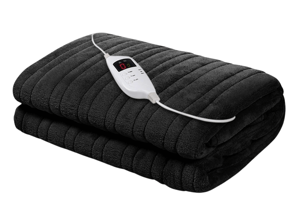 Black electric heated blanket with control remote placed on top