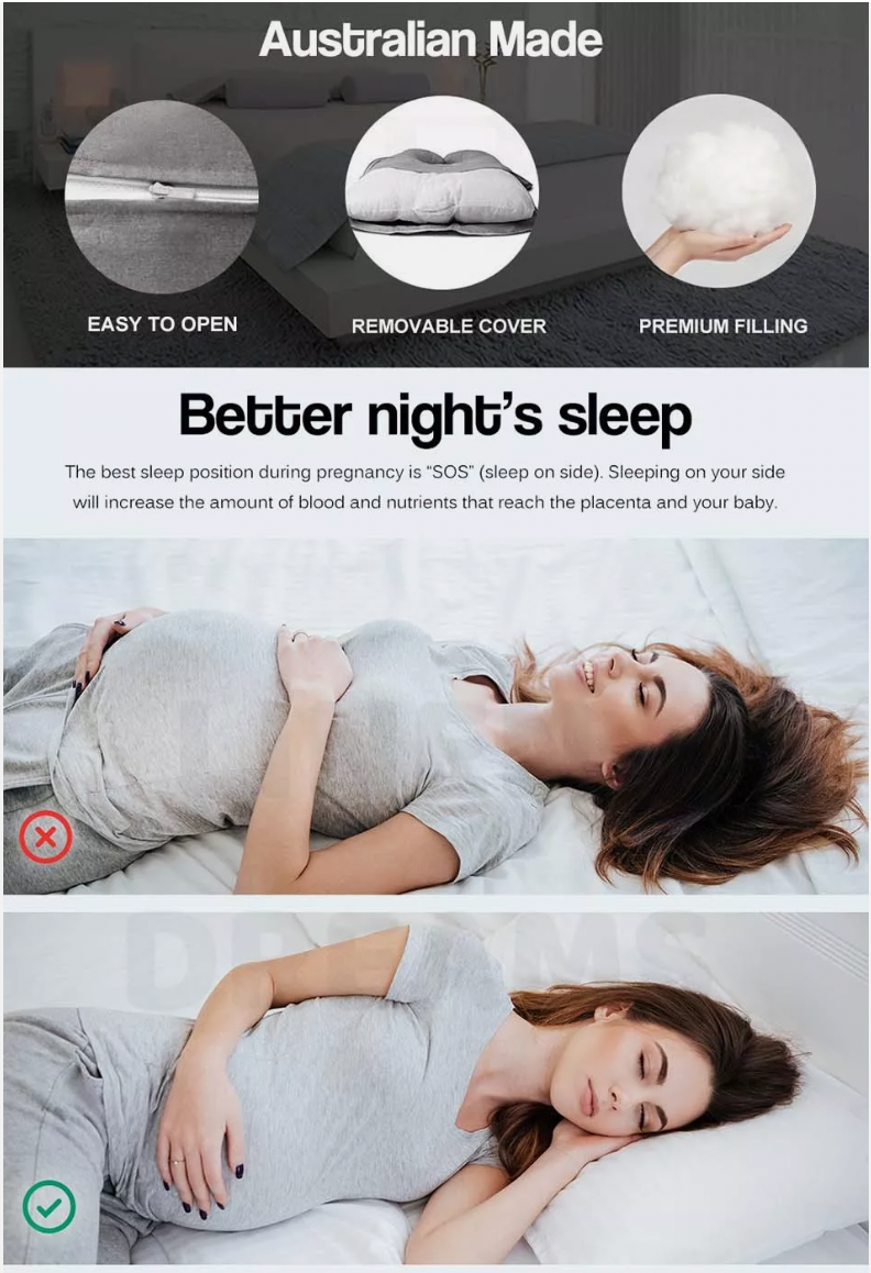 Pregnancy pillow shown in various sleep positions for full-body comfort