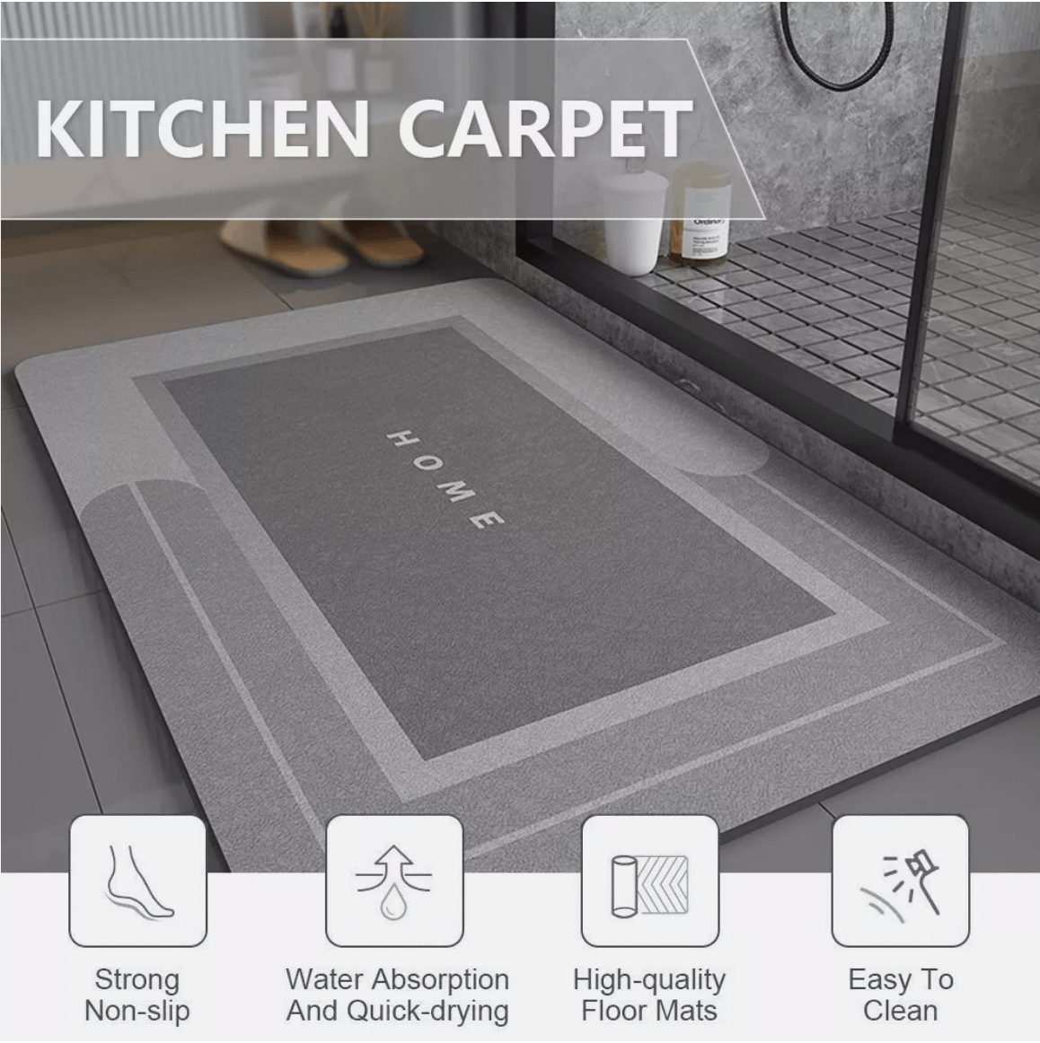 Modern bath mat in minimalist bathroom layout with grey flooring