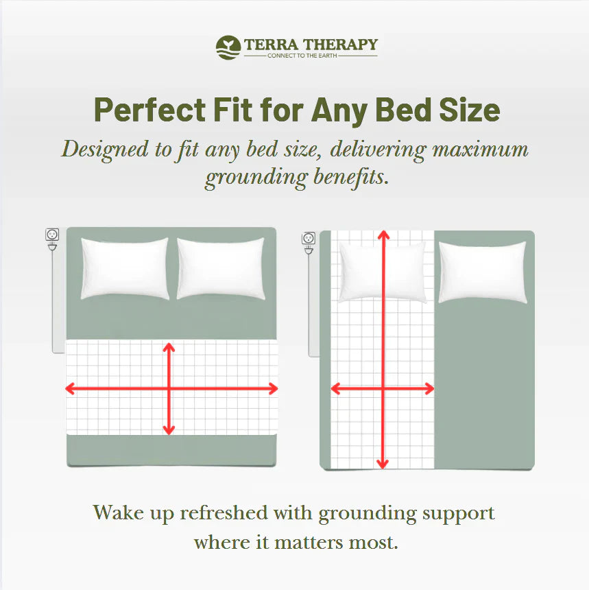 Size guide for grounding sheet, illustrating compatibility with various bed sizes for optimal sleep and wellness benefits.