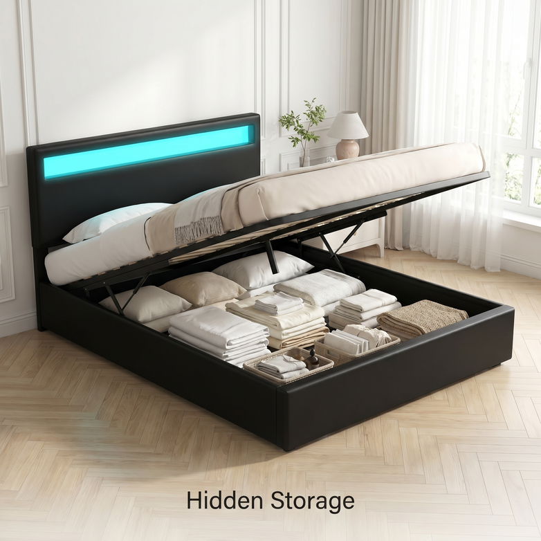 LED Gas Lift Bed - Clear Bedroom Clutter, Customise Ambience Lighting Fast