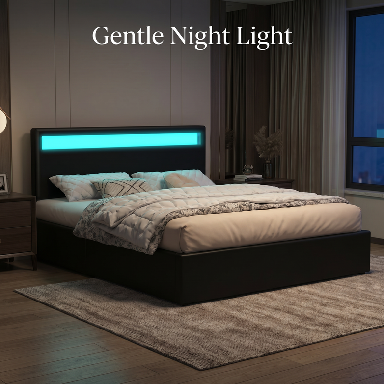 LED Gas Lift Bed - Clear Bedroom Clutter, Customise Ambience Lighting Fast