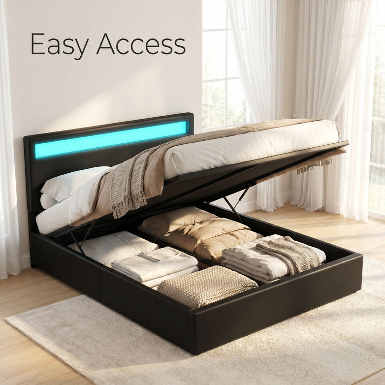 LED Gas Lift Bed - Clear Bedroom Clutter, Customise Ambience Lighting Fast
