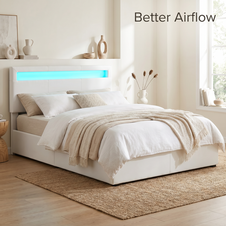 LED Gas Lift Bed - Clear Bedroom Clutter, Customise Ambience Lighting Fast