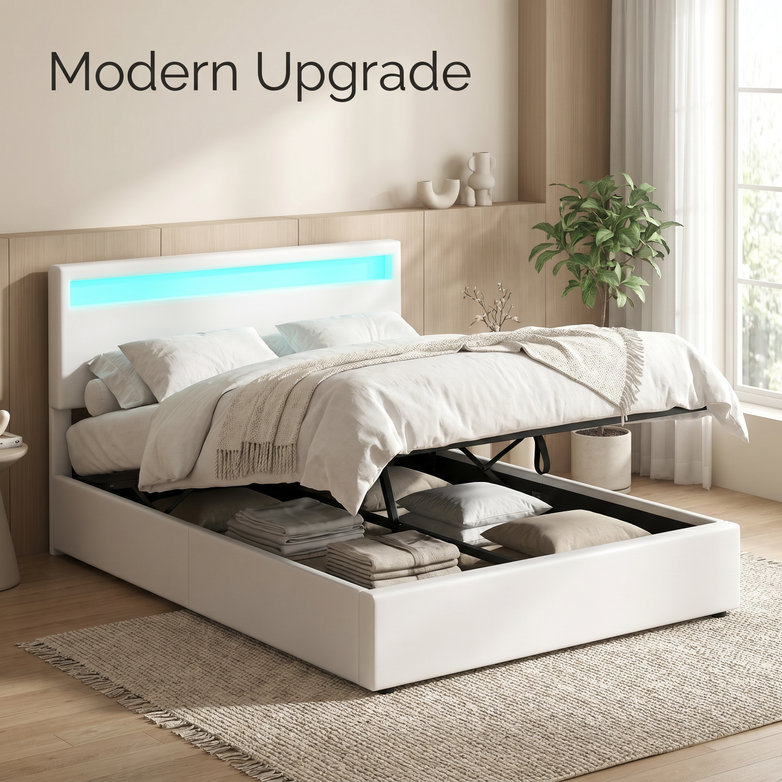 LED Gas Lift Bed - Clear Bedroom Clutter, Customise Ambience Lighting Fast