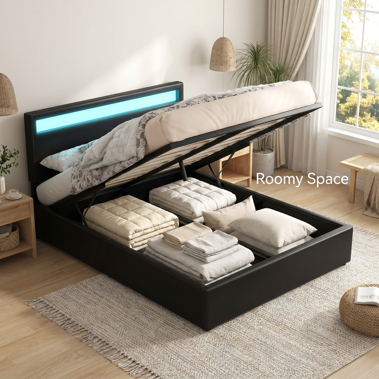 LED Gas Lift Bed - Clear Bedroom Clutter, Customise Ambience Lighting Fast
