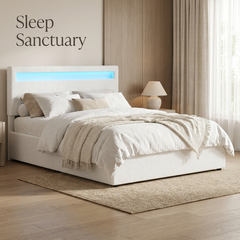 LED Gas Lift Bed - Clear Bedroom Clutter, Customise Ambience Lighting Fast