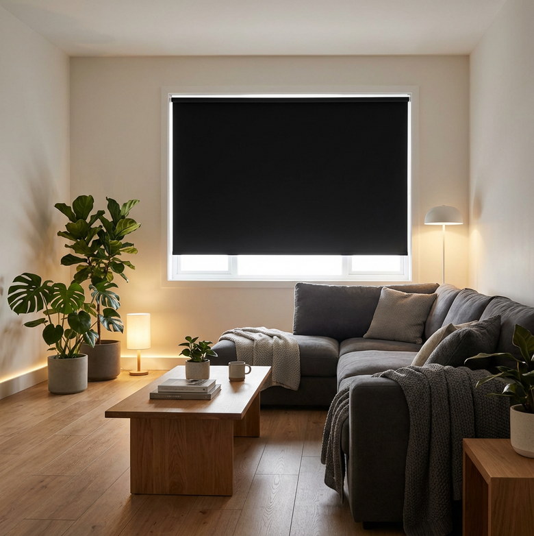 living room window with black blockout blinds installed for full light control