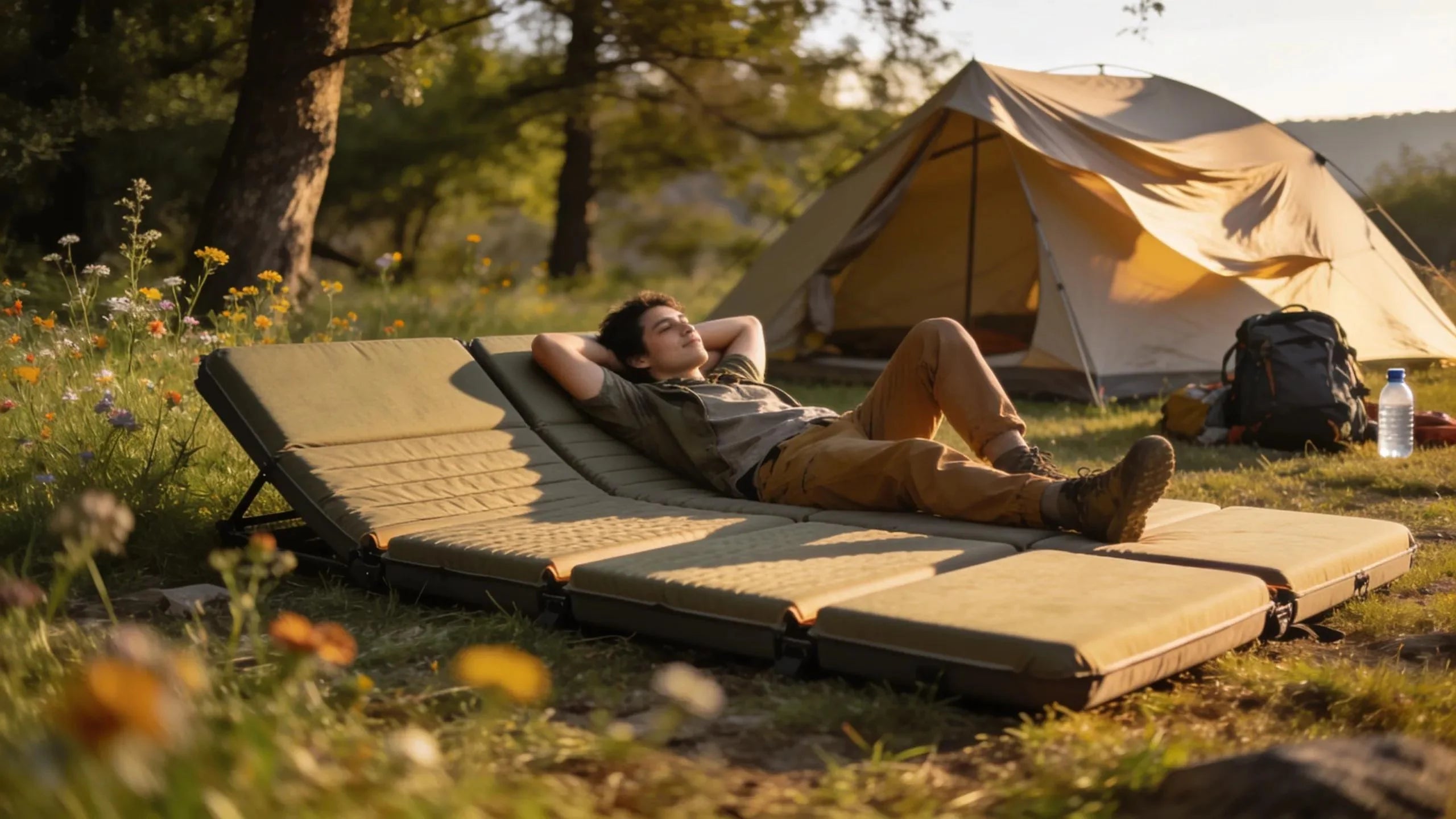 Camping with a tri-fold foldable mattress surrounded by nature, highlighting comfort and portability