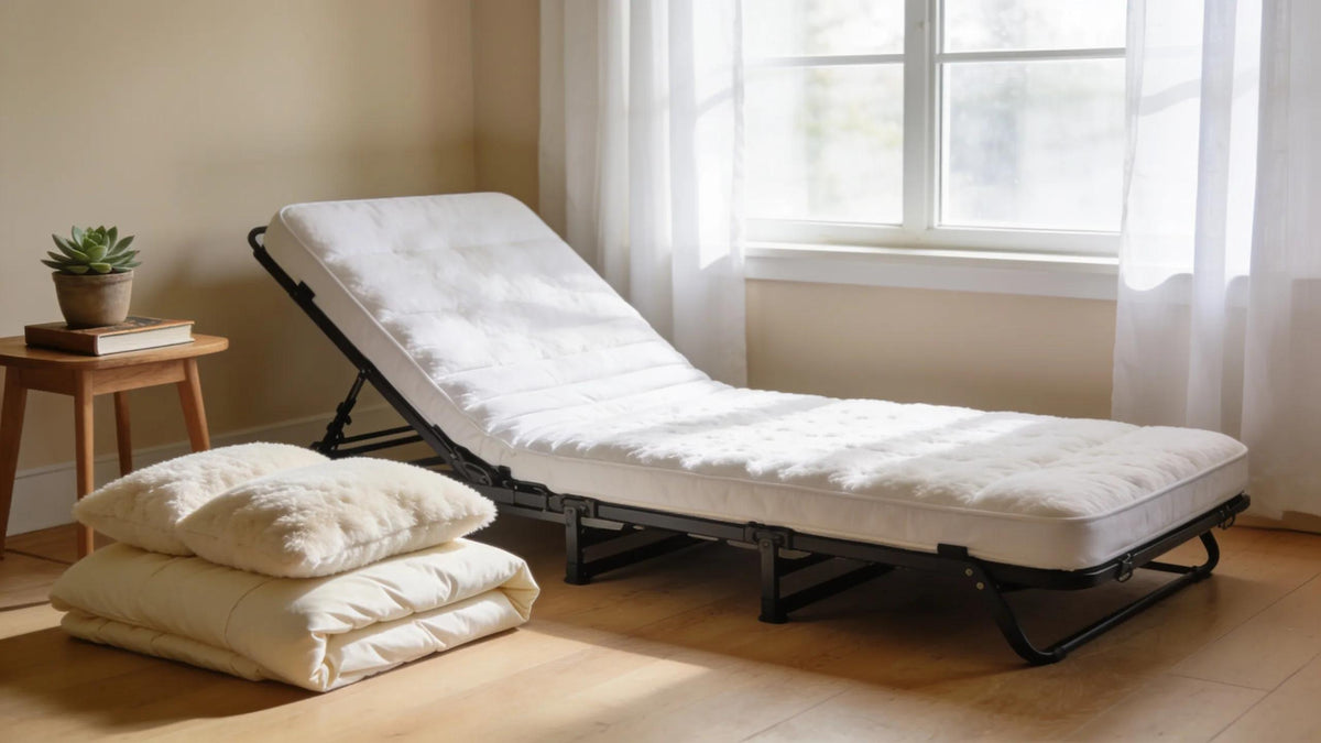 Home interior with a foldable mattress set up in a cozy bedroom, highlighting its functionality for small spaces