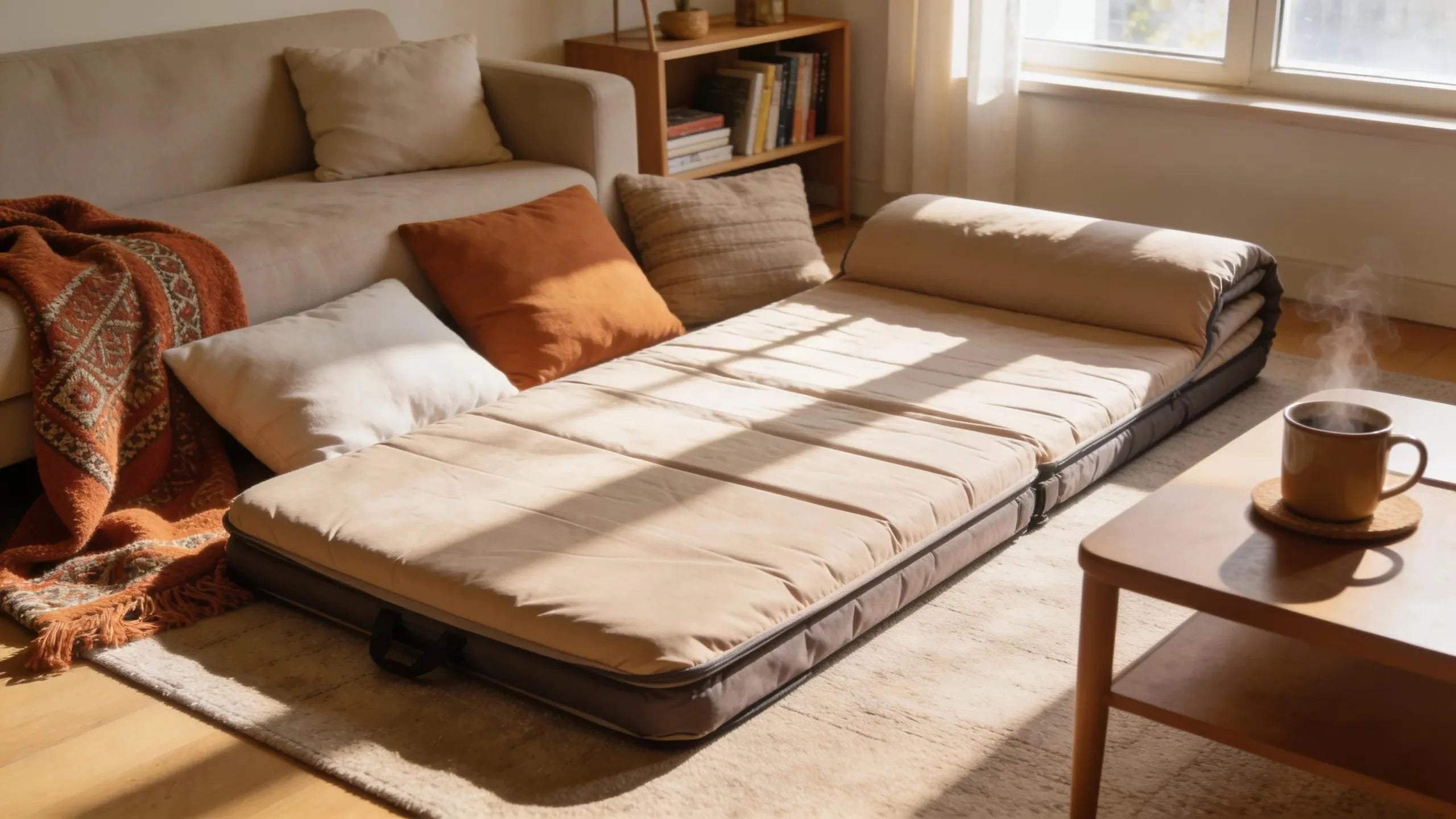 Foldable mattress set up in a cozy living room, illustrating guest accommodation options.