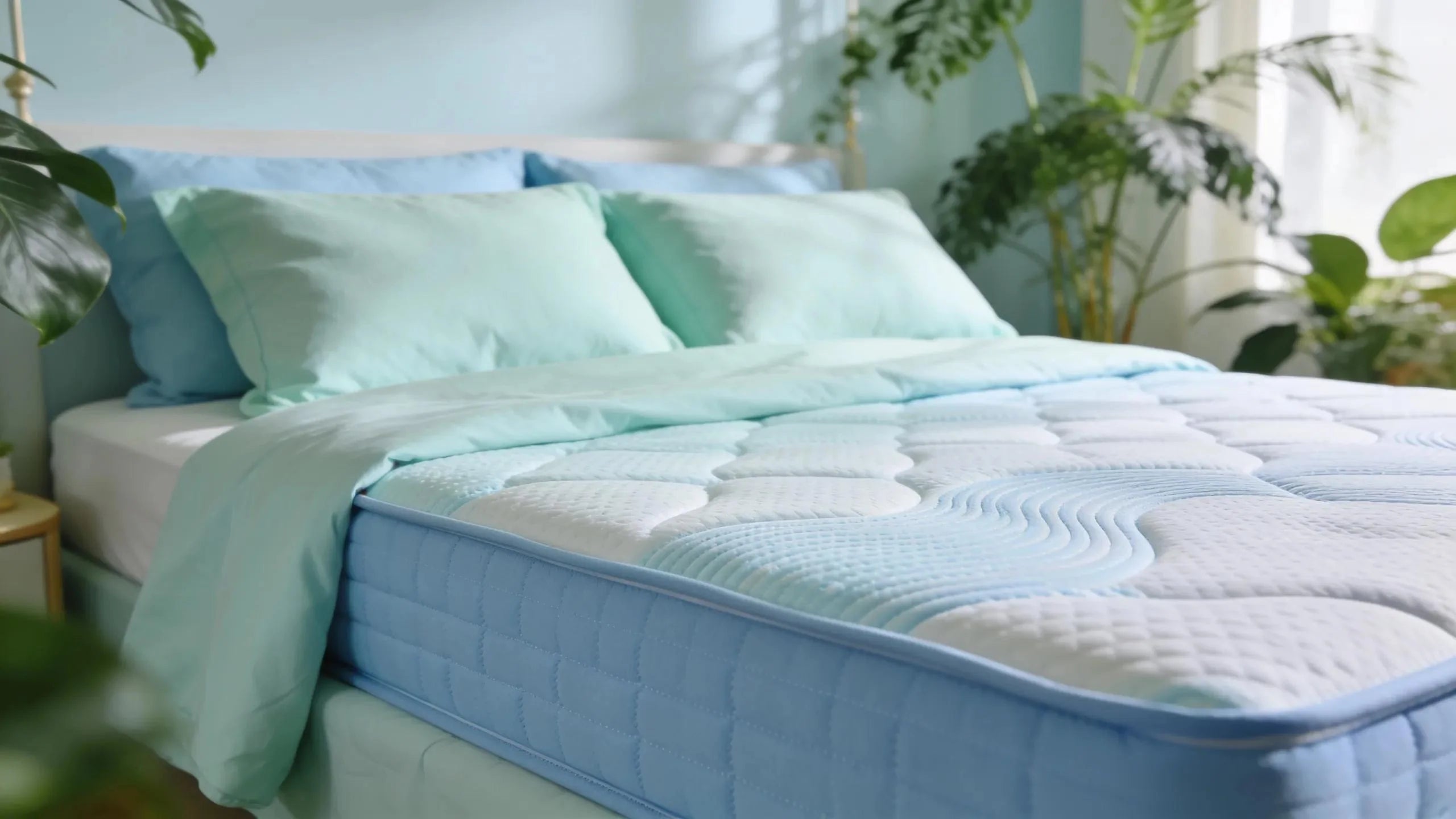 Cooling mattress topper on a bed in a serene bedroom, showcasing summer sleep comfort