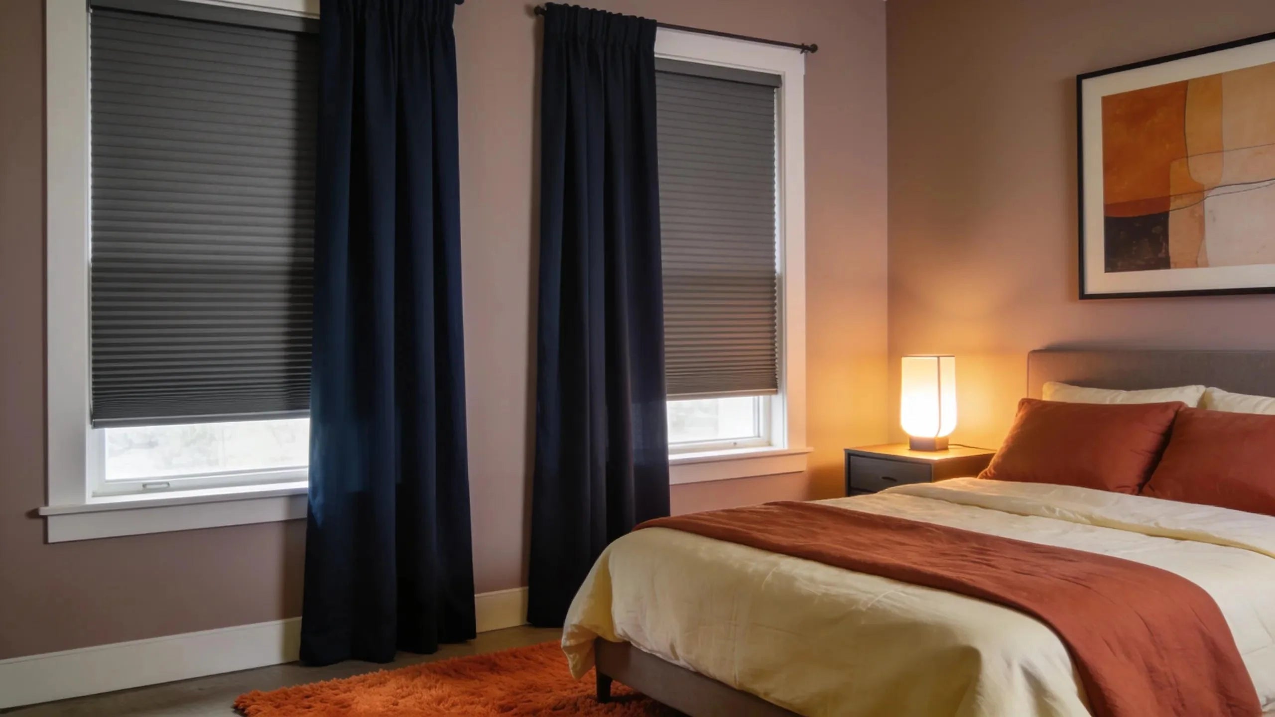 Cozy bedroom with a mix of blackout blinds and curtains illustrating comfort and energy efficiency
