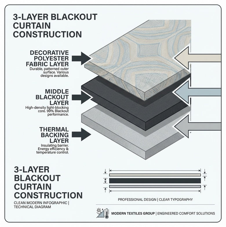 Multi-layer blockout curtain material diagram showing thermal insulation