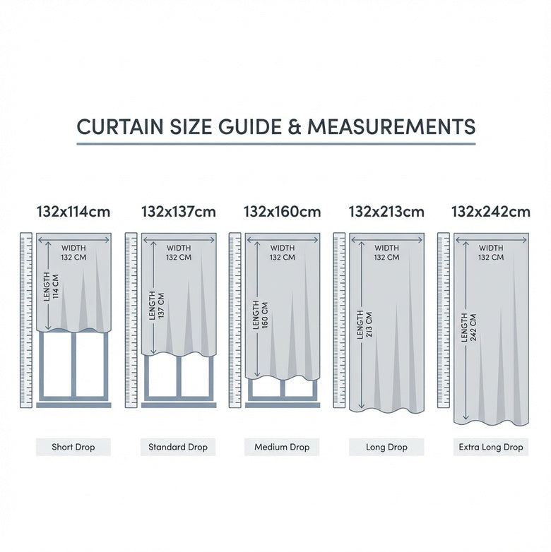 Blockout curtain size chart showing different width and length options