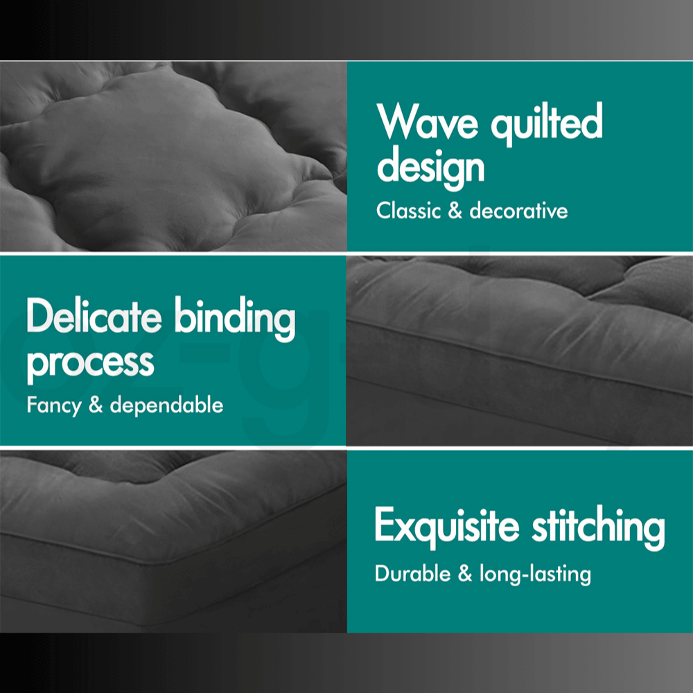 Collage highlighting key features of a dark gray quilted mattress topper, including wave-quilted design for even comfort, delicate binding for durability, and exquisite stitching for long-lasting quality