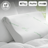 Organic bamboo pillow on a bed with payment options like Apple Pay, PayPal, and Shop Pay logos displayed