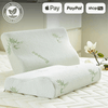 Organic bamboo pillows on a bed with natural floral designs, showcasing "100% Natural Organic Product" badge and payment options including Apple Pay, PayPal, and Shop Pay.