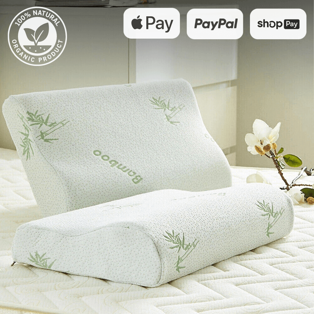 Organic bamboo pillows on a bed with natural floral designs, showcasing "100% Natural Organic Product" badge and payment options including Apple Pay, PayPal, and Shop Pay.