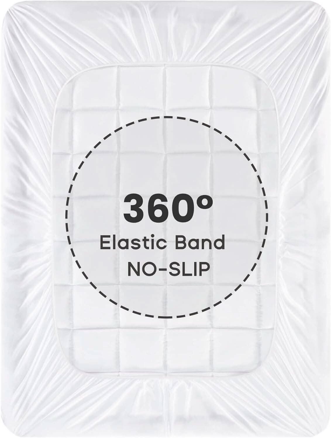 Top-down view of a mattress topper featuring 360-degree elastic edges for a secure and snug fit on the mattress