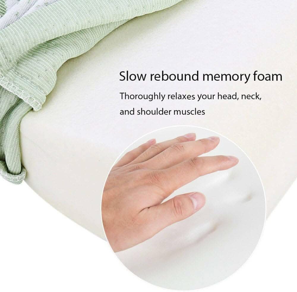 Close-up of a hand pressing a slow rebound memory foam pillow with text "Thoroughly relaxes your head, neck, and shoulder muscles".