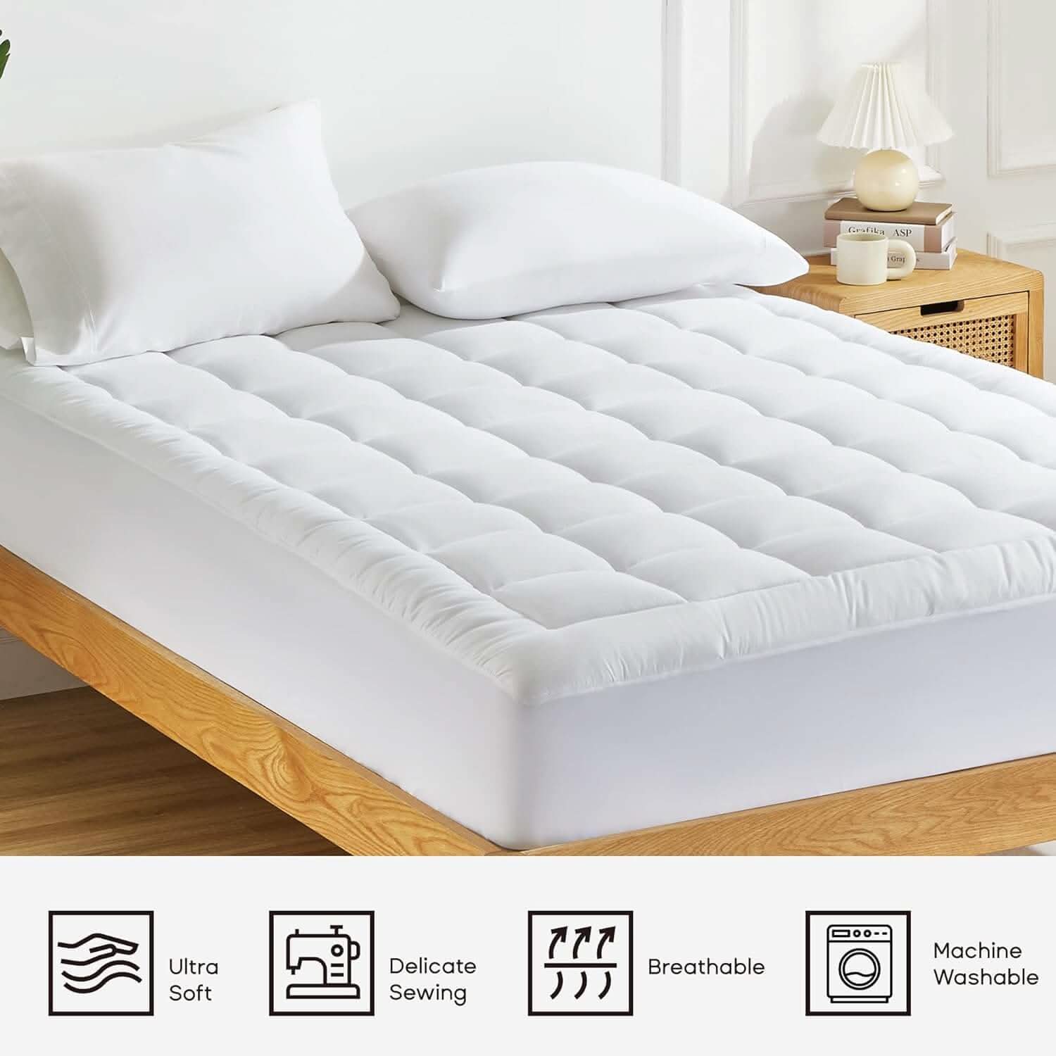 Luxurious quilted mattress topper on a wooden bed frame, featuring soft padding for enhanced comfort and support.